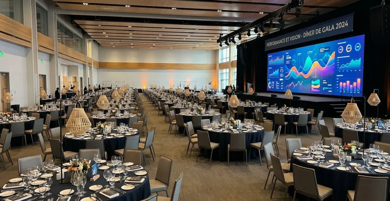 Grande salle de réception aménagée avec une scénographie thématique immersive, éclairage d'ambiance chaleureux, décors volumétriques suspendus, espace vide prêt à accueillir un événement d'entreprise