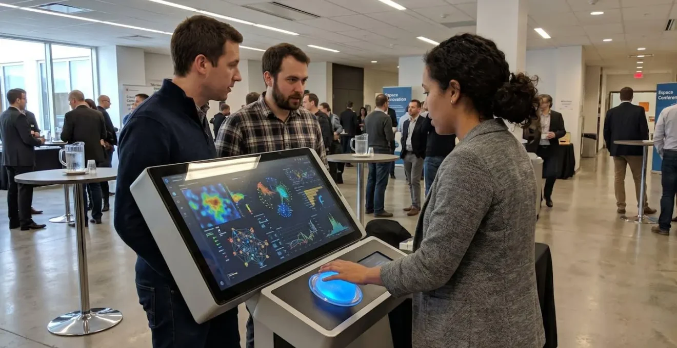 Participants d'un événement d'entreprise vus de profil en train de manipuler des objets thématiques dans le cadre d'une mission scénarisée, éclairage naturel de salle, environnement corporate contemporain