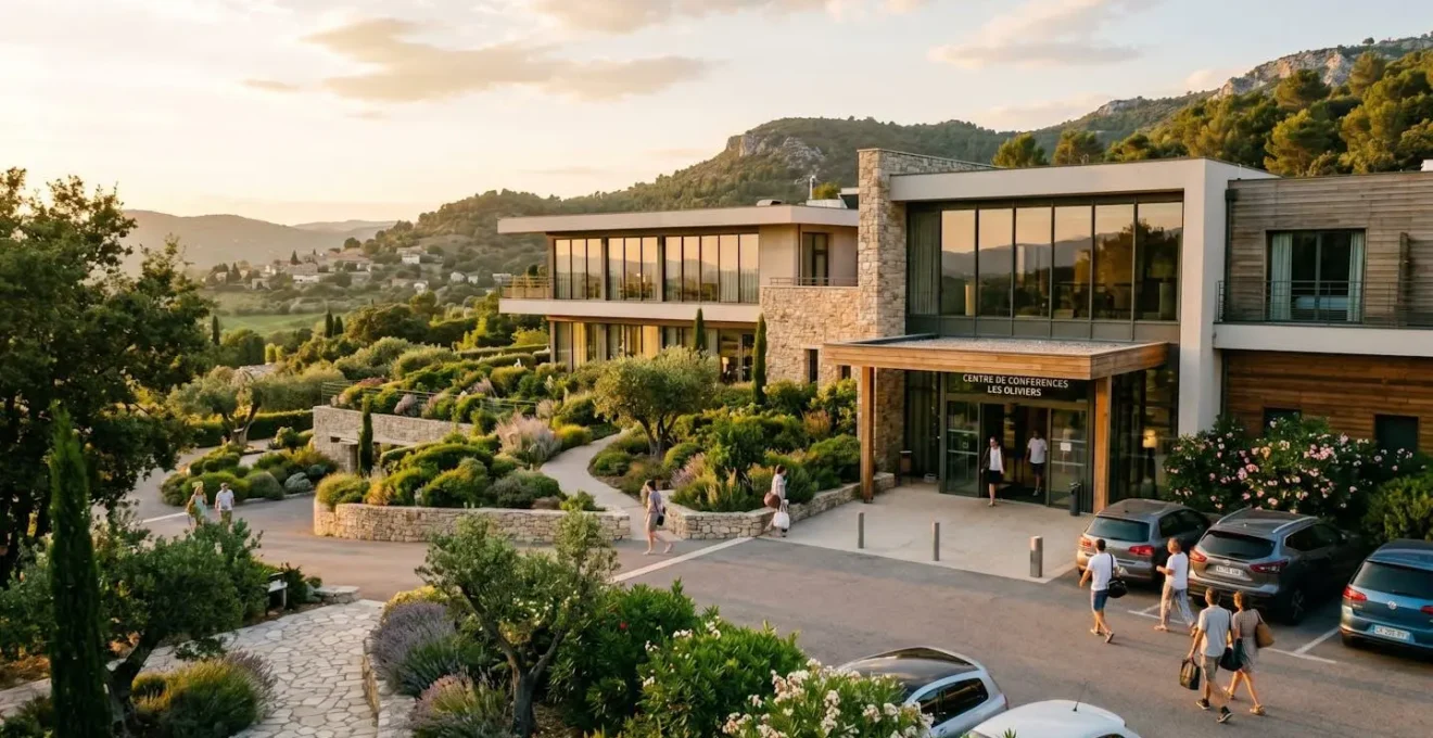 Extérieur moderne d'un resort avec espaces verts et architecture contemporaine pour séminaires