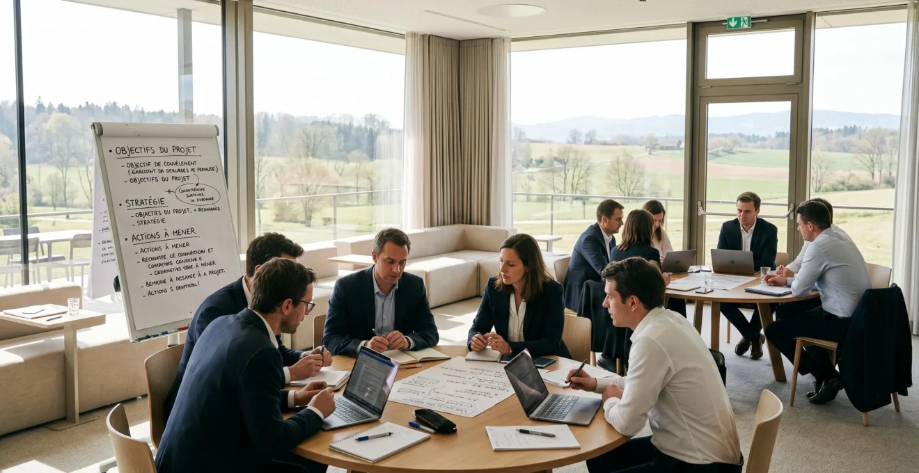 Salle de séminaire moderne avec équipes en ateliers autour de tables rondes, large baie vitrée donnant sur paysage extérieur