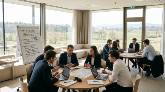 Salle de séminaire moderne avec équipes en ateliers autour de tables rondes, large baie vitrée donnant sur paysage extérieur